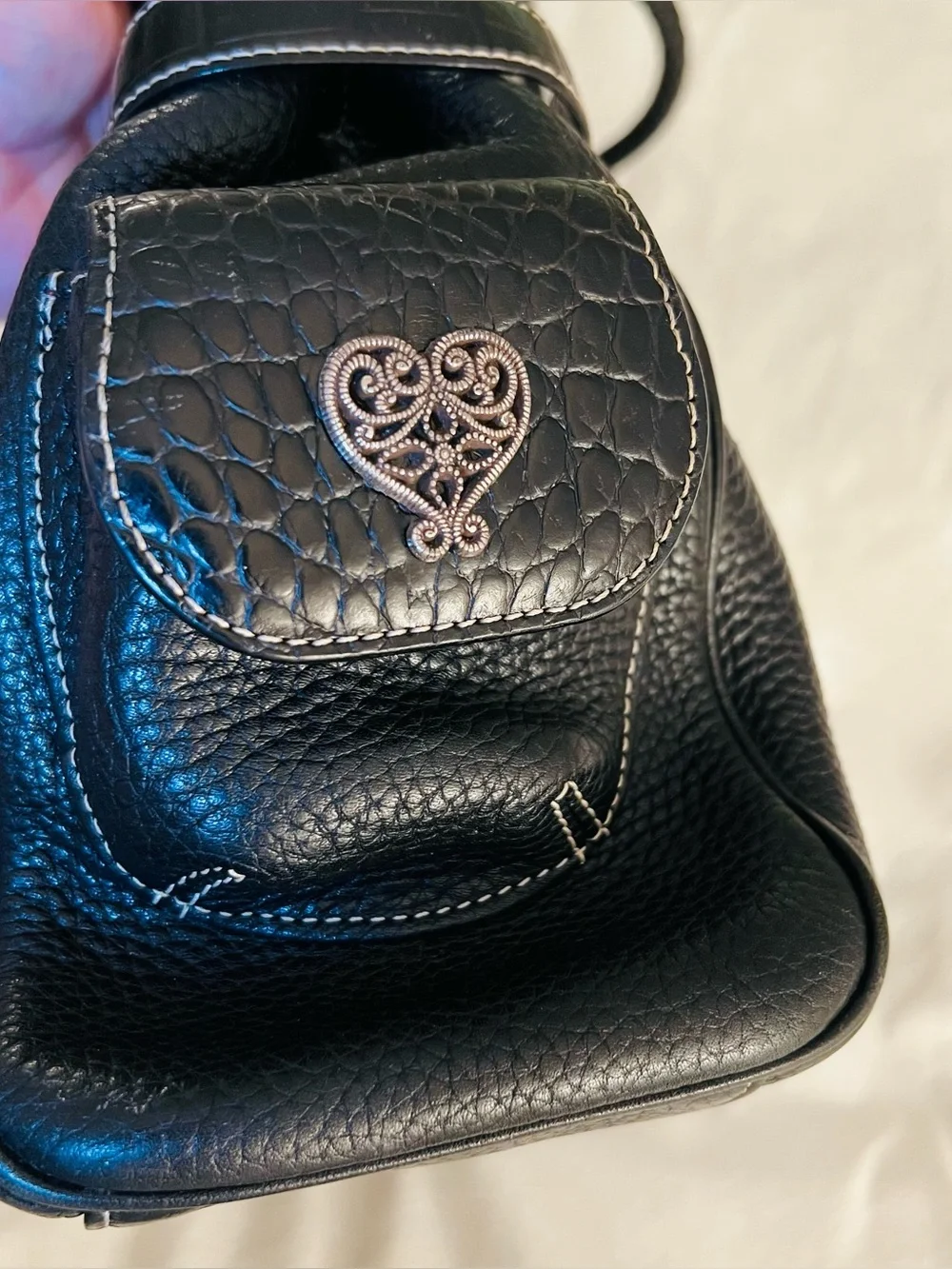 Brighton Black Pebbled Satchel Double Handles Zip Heart Charm Inner Pockets*